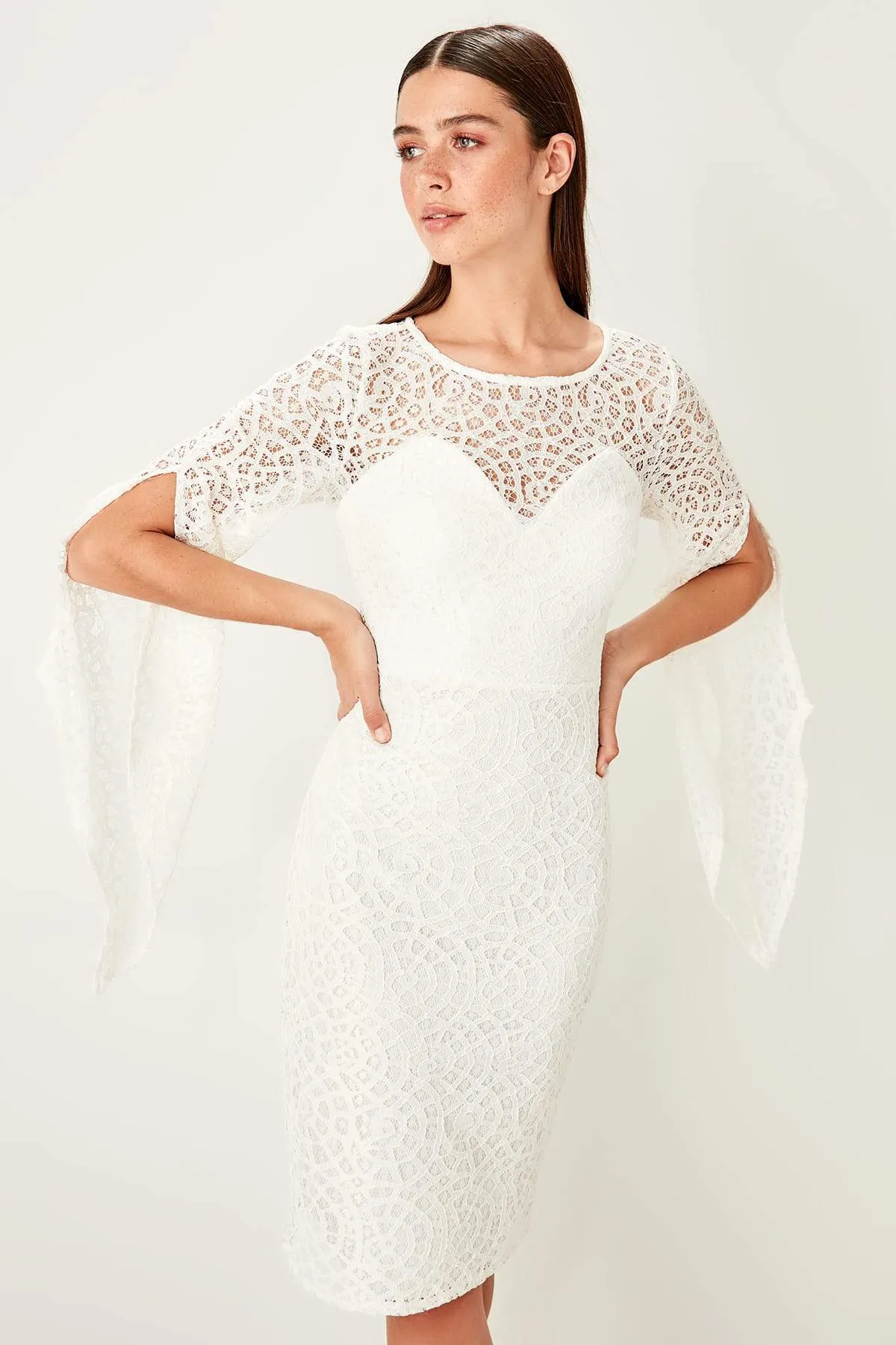 10913 Ecru Split Sleeve Lace Dress