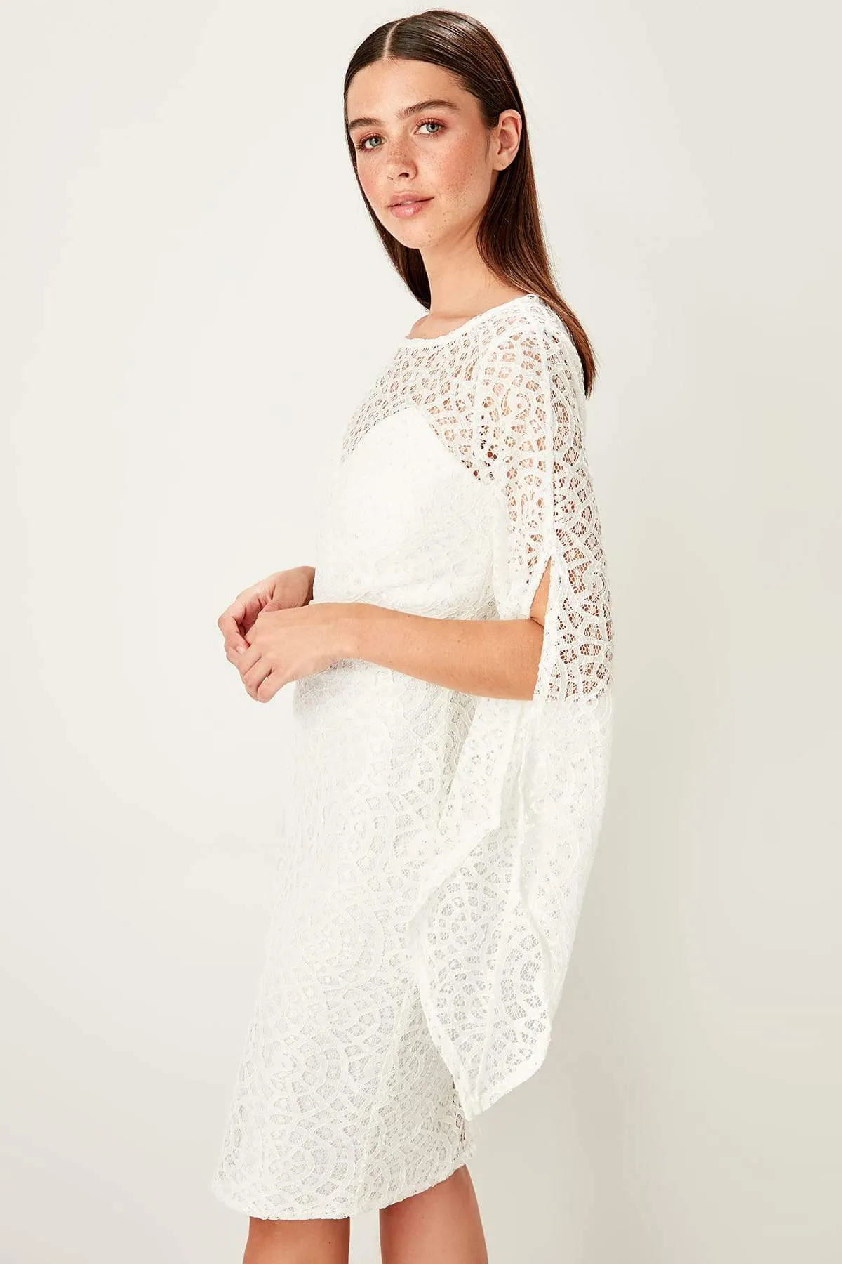 10913 Ecru Split Sleeve Lace Dress