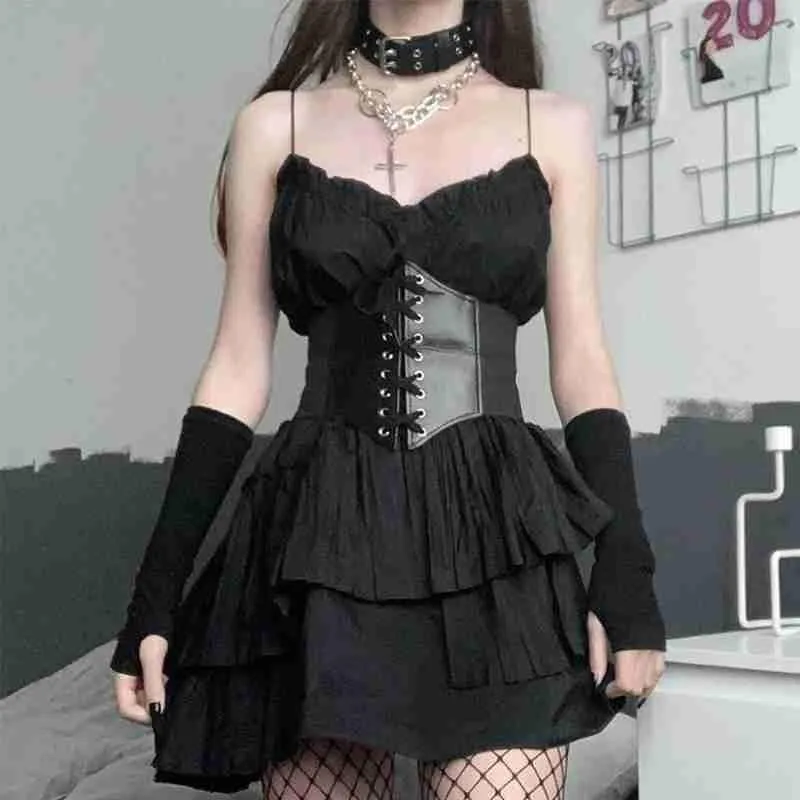 1Pcs Gothic Dark Lace Up Female Waist Corset Belt Wide PU Leather Belts Women Fashion Slimming Waistband Adjustable Dress Girdle