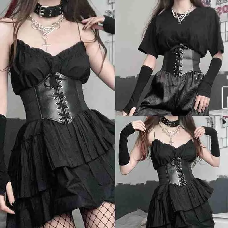 1Pcs Gothic Dark Lace Up Female Waist Corset Belt Wide PU Leather Belts Women Fashion Slimming Waistband Adjustable Dress Girdle