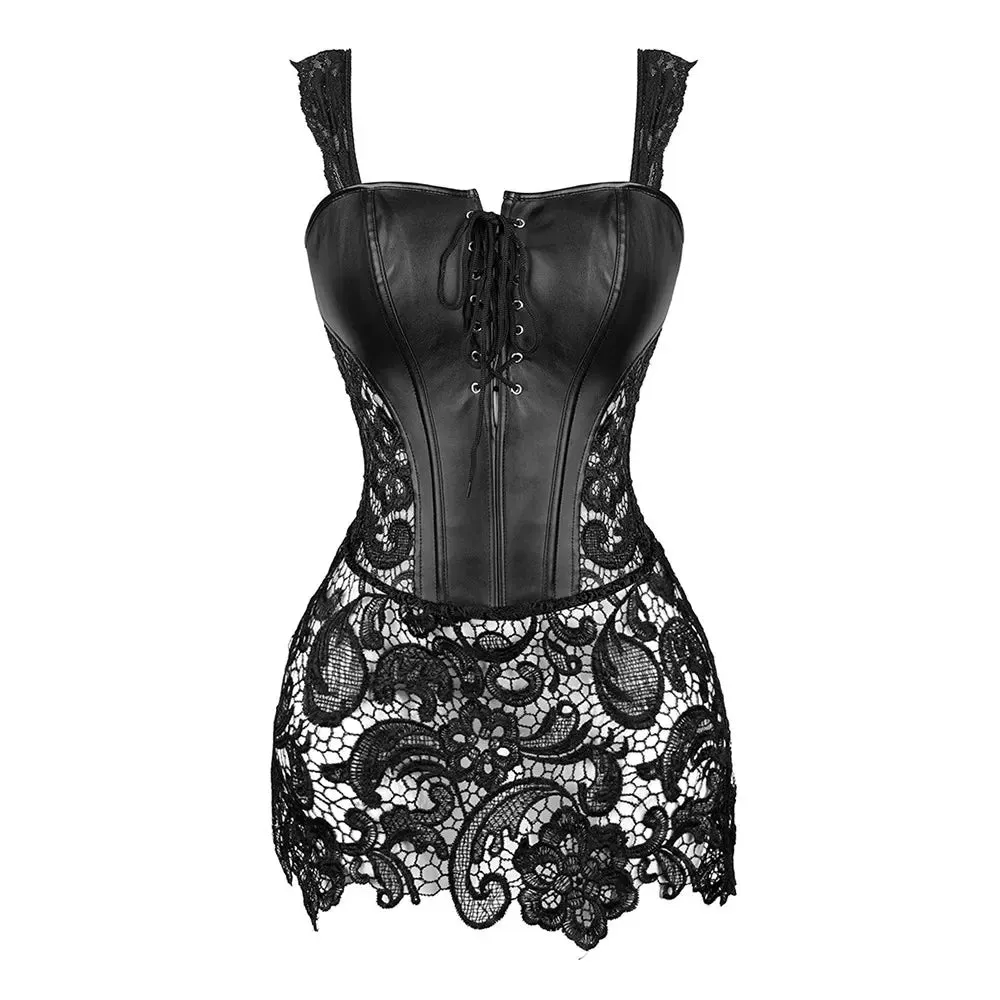 6XL Gothic Corset Dress Faux Leahter Bustier Lace Strap Waist Cincher Corselet Steampunk Shaper Underwear Black Red Plus Size