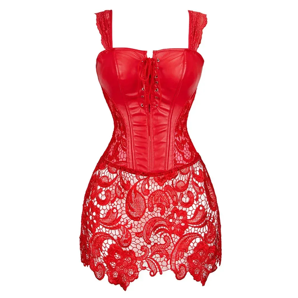 6XL Gothic Corset Dress Faux Leahter Bustier Lace Strap Waist Cincher Corselet Steampunk Shaper Underwear Black Red Plus Size