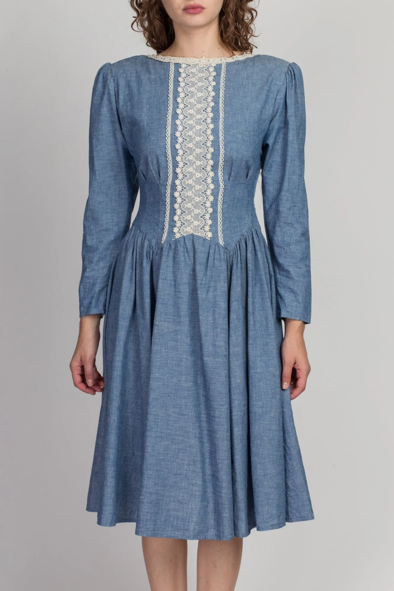 70s Gunne Sax Chambray & Lace Midi Dress - Small