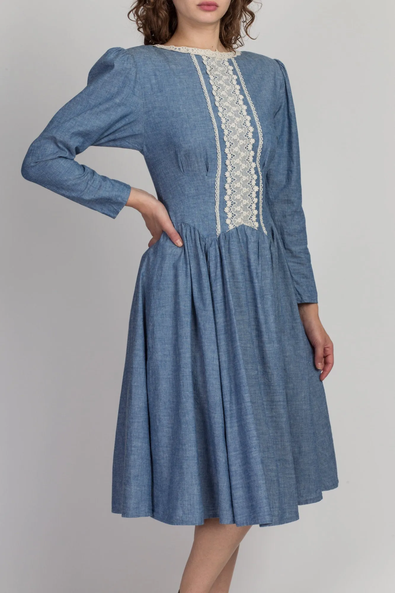 70s Gunne Sax Chambray & Lace Midi Dress - Small