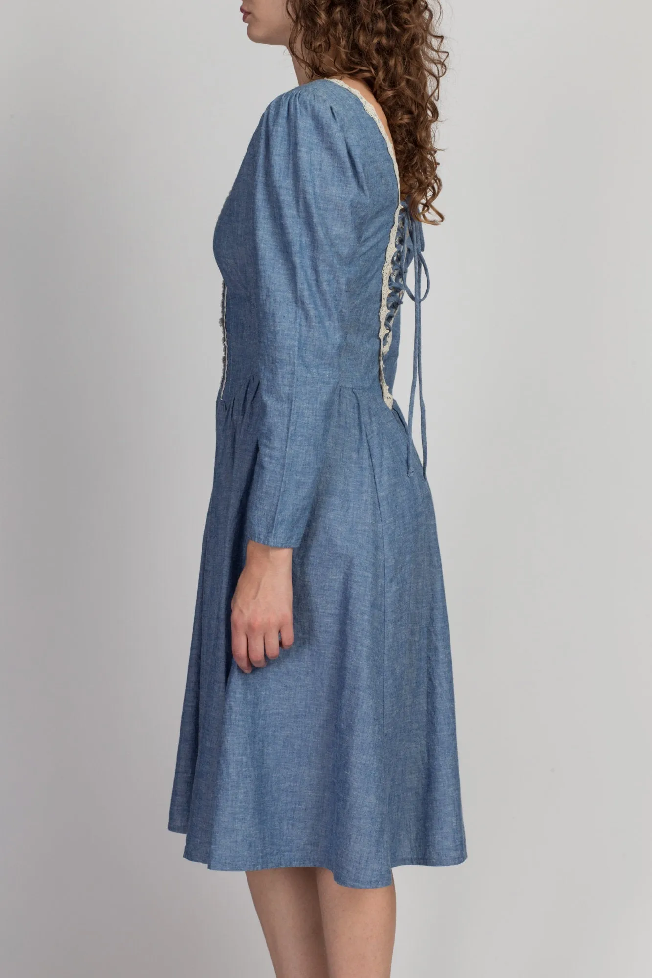 70s Gunne Sax Chambray & Lace Midi Dress - Small