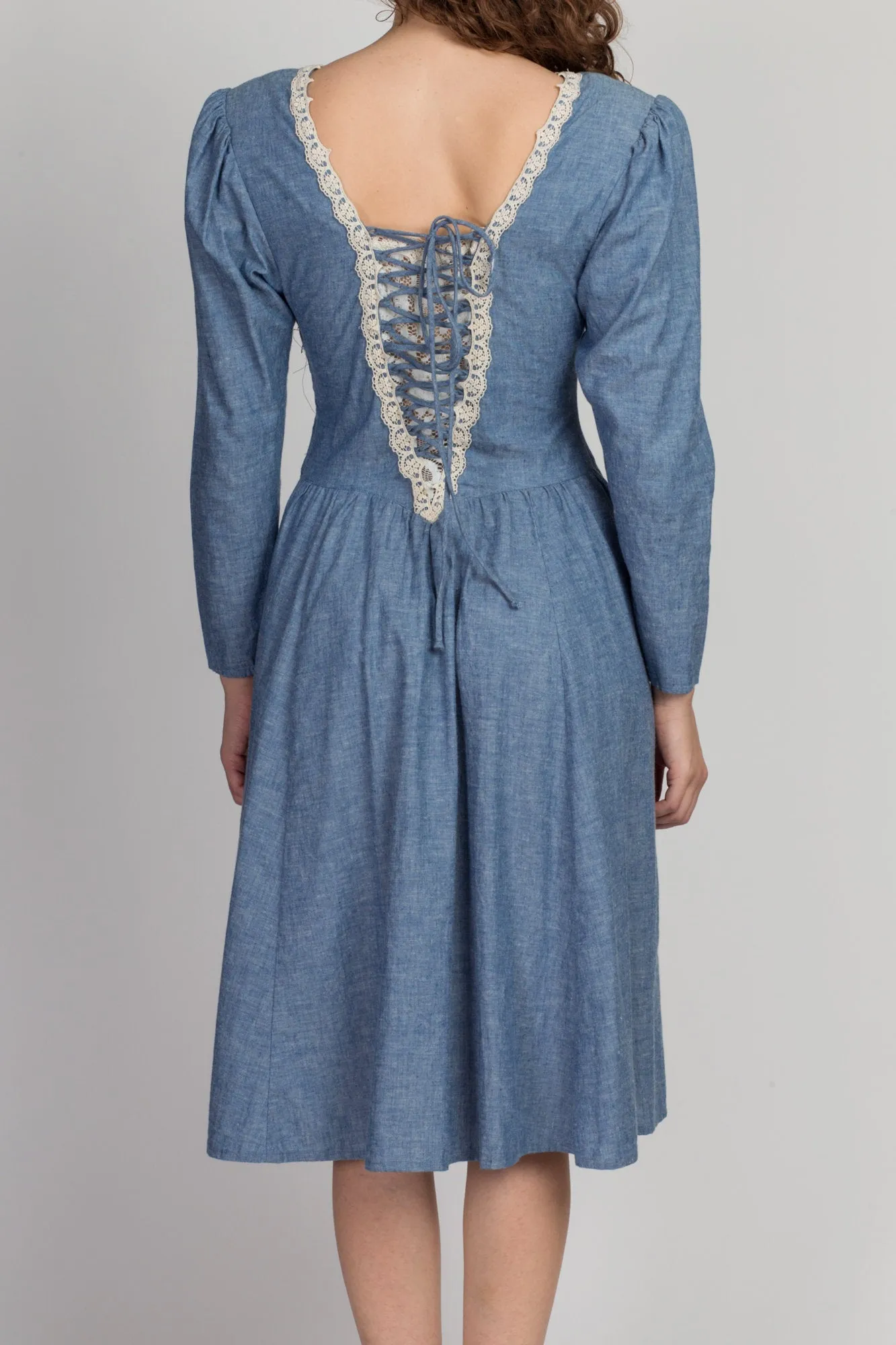 70s Gunne Sax Chambray & Lace Midi Dress - Small