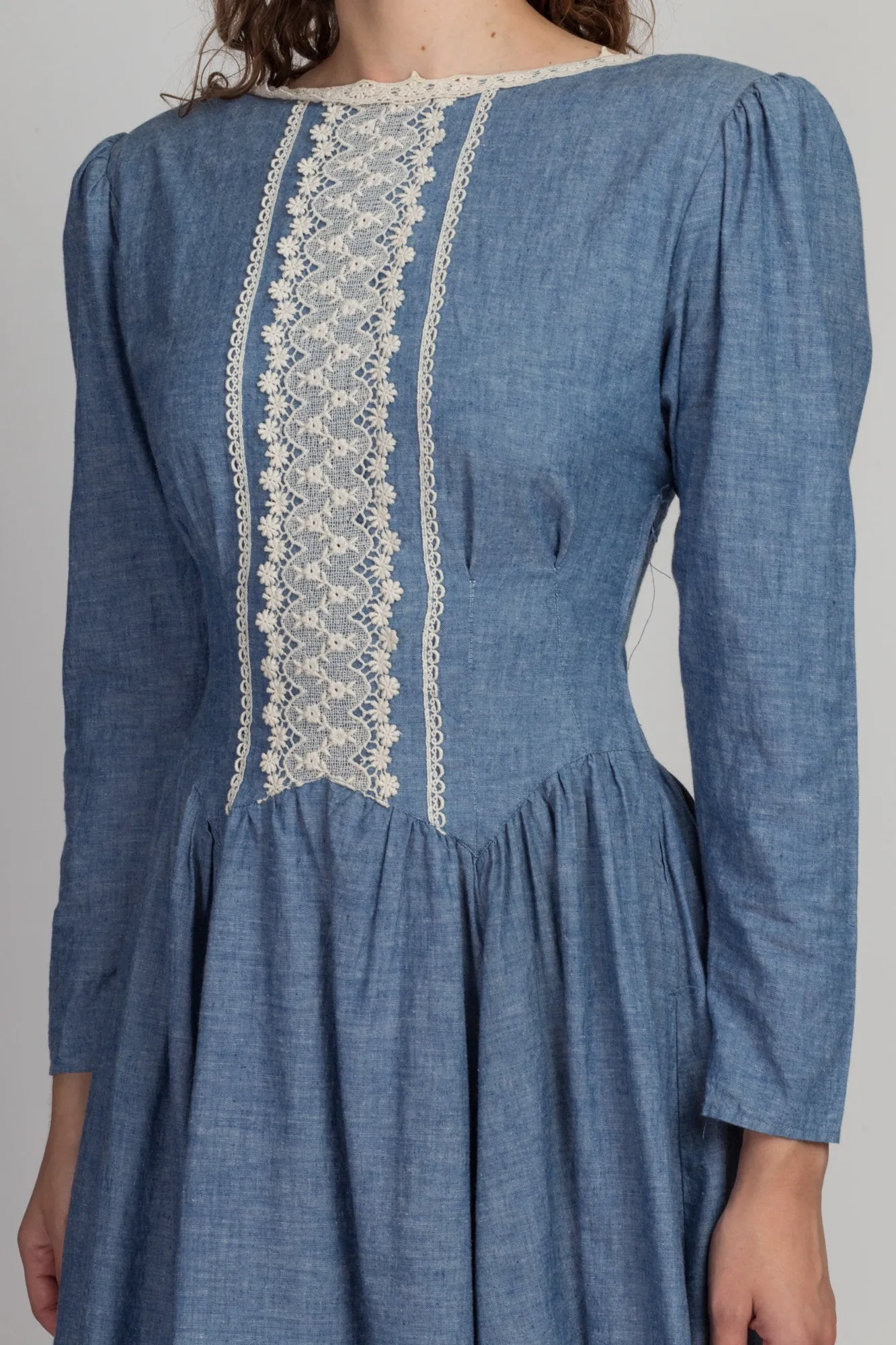 70s Gunne Sax Chambray & Lace Midi Dress - Small