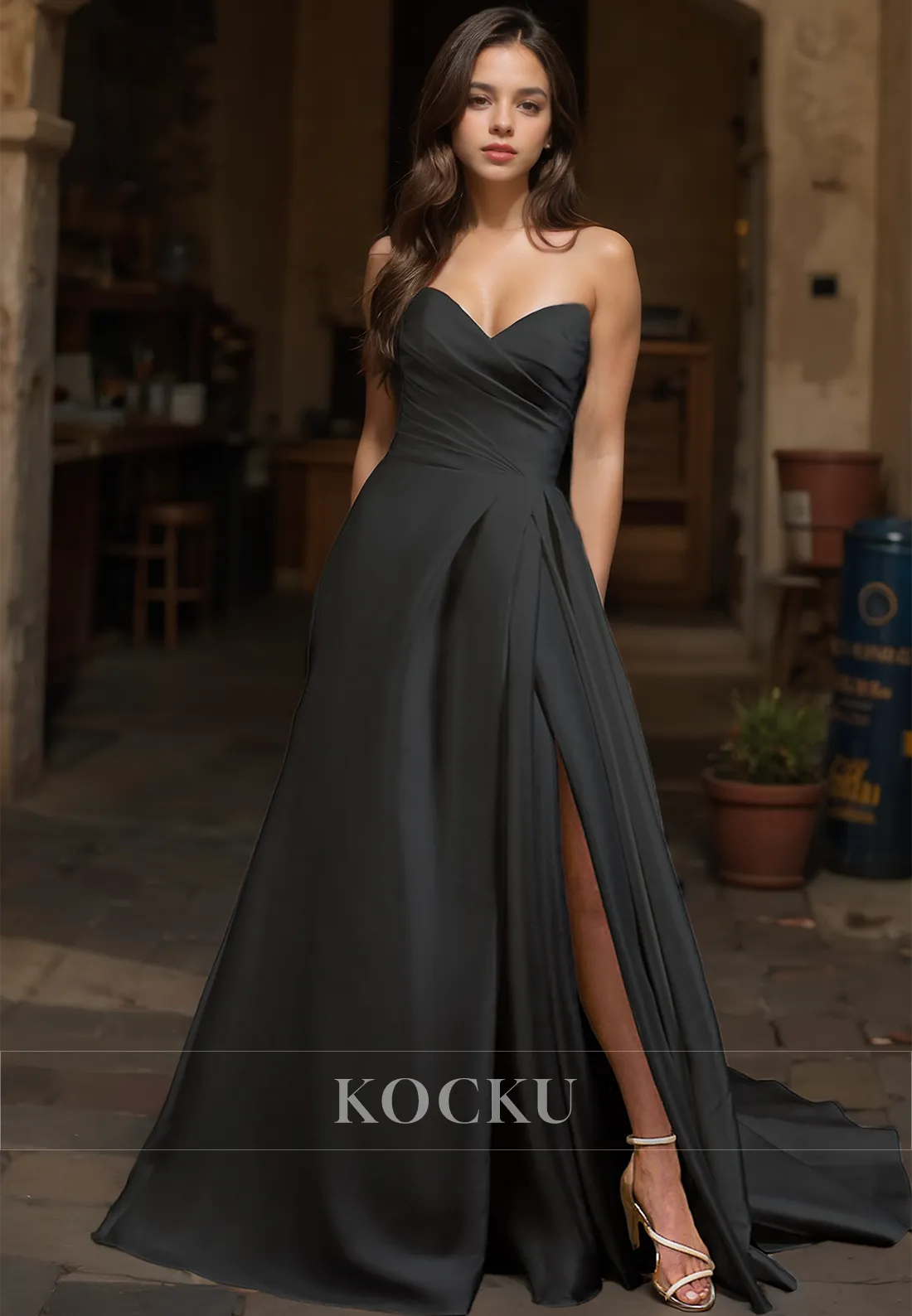A-Line Sweetheart Sleeveless High Split Pleated Satin Bridal Dress with Sweep Train Wedding Dress