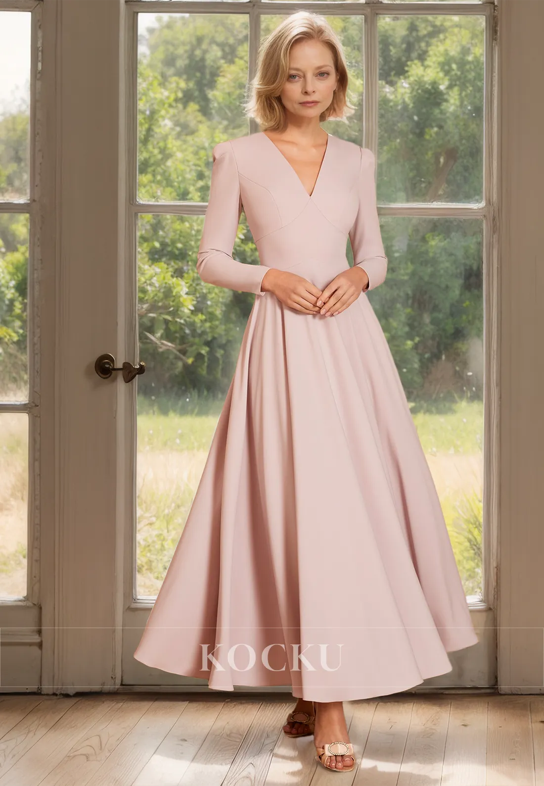 A-Line V-Neck Long Sleeves Ankle-Length Pleated Satin Mother of the Bride Dress Cocktail Gowns