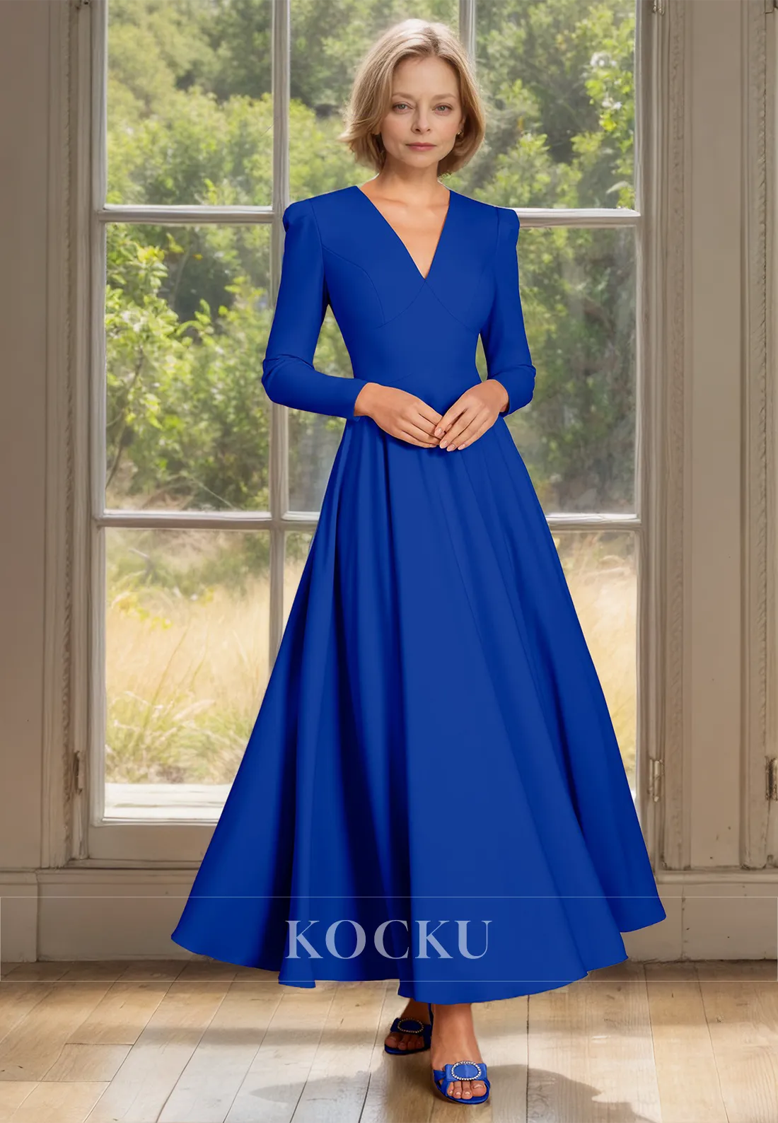 A-Line V-Neck Long Sleeves Ankle-Length Pleated Satin Mother of the Bride Dress Cocktail Gowns