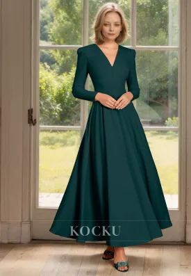 A-Line V-Neck Long Sleeves Ankle-Length Pleated Satin Mother of the Bride Dress Cocktail Gowns