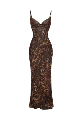 A&A Mesh Sheer Leopard Print Bodycon Maxi Dress