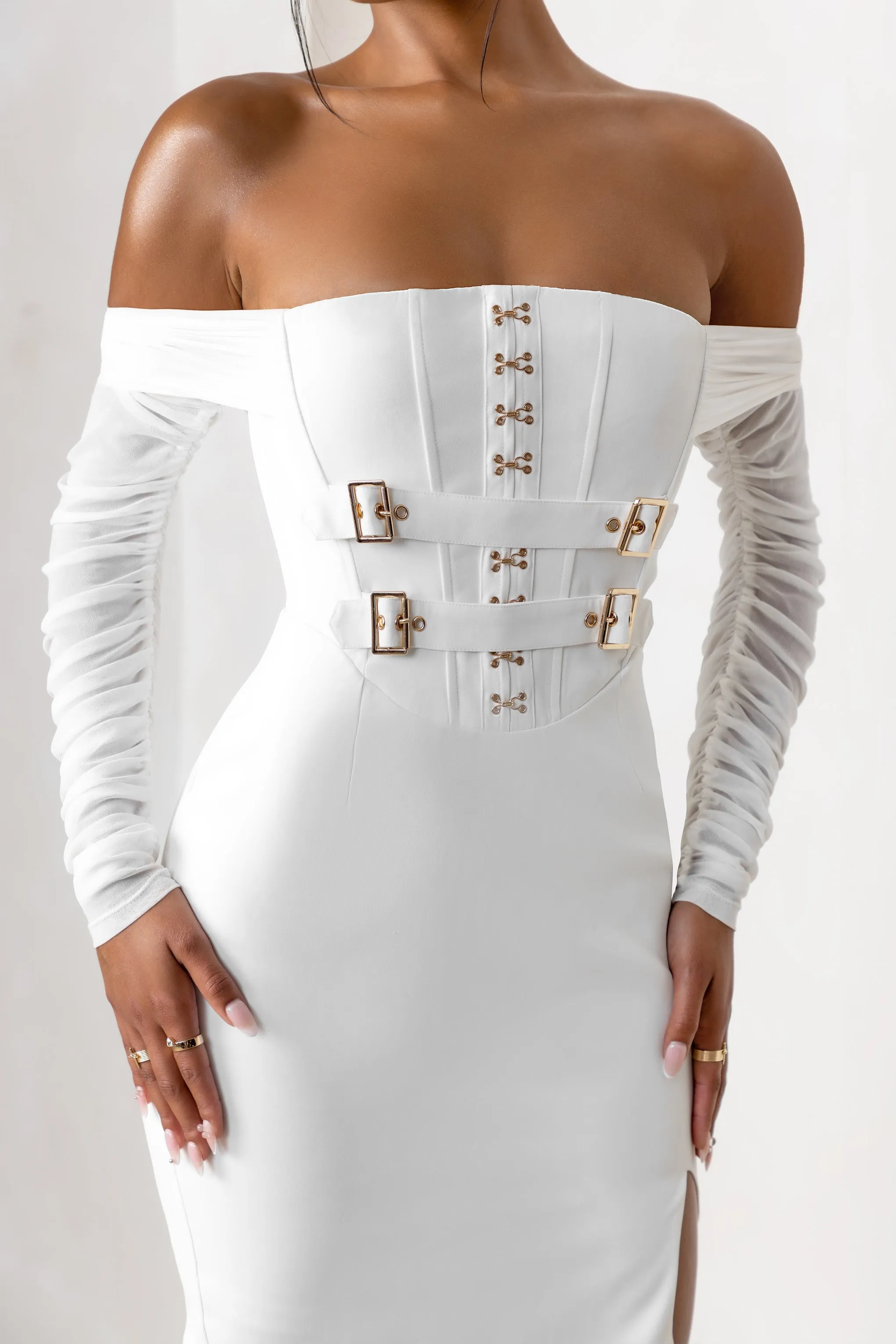 Above & Beyond | White Bardot Neck Corset Mini Dress With Belt Detail