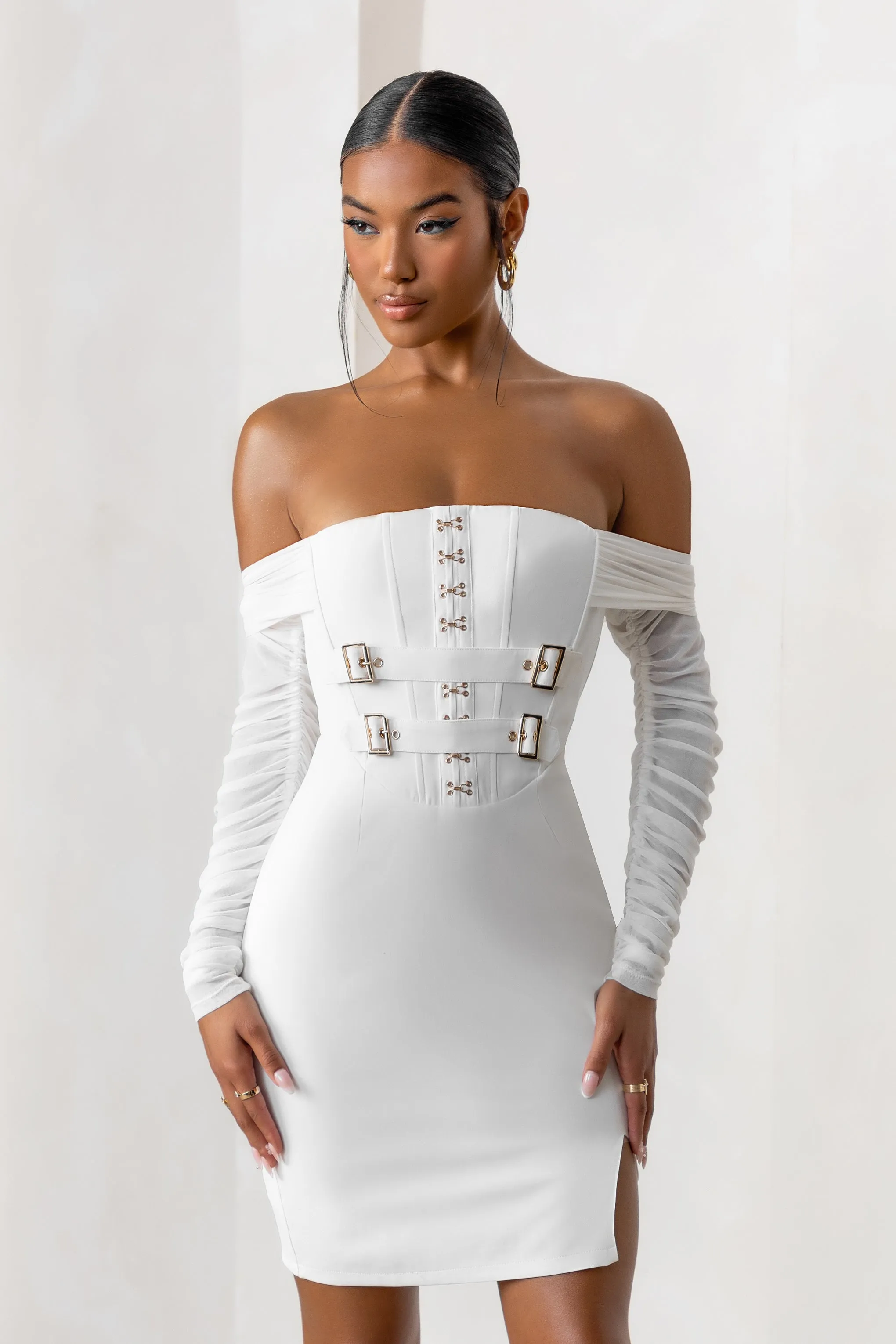 Above & Beyond | White Bardot Neck Corset Mini Dress With Belt Detail