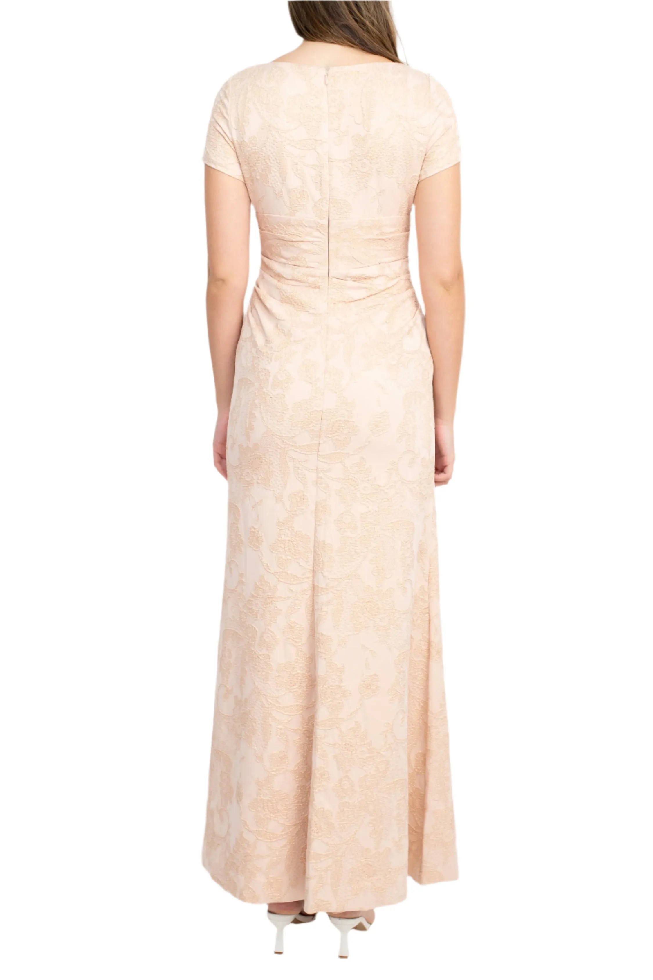 Adrianna Papell V-Neck Short Sleeve Pleated Gathered Side Zipper Back Matelassé Dress