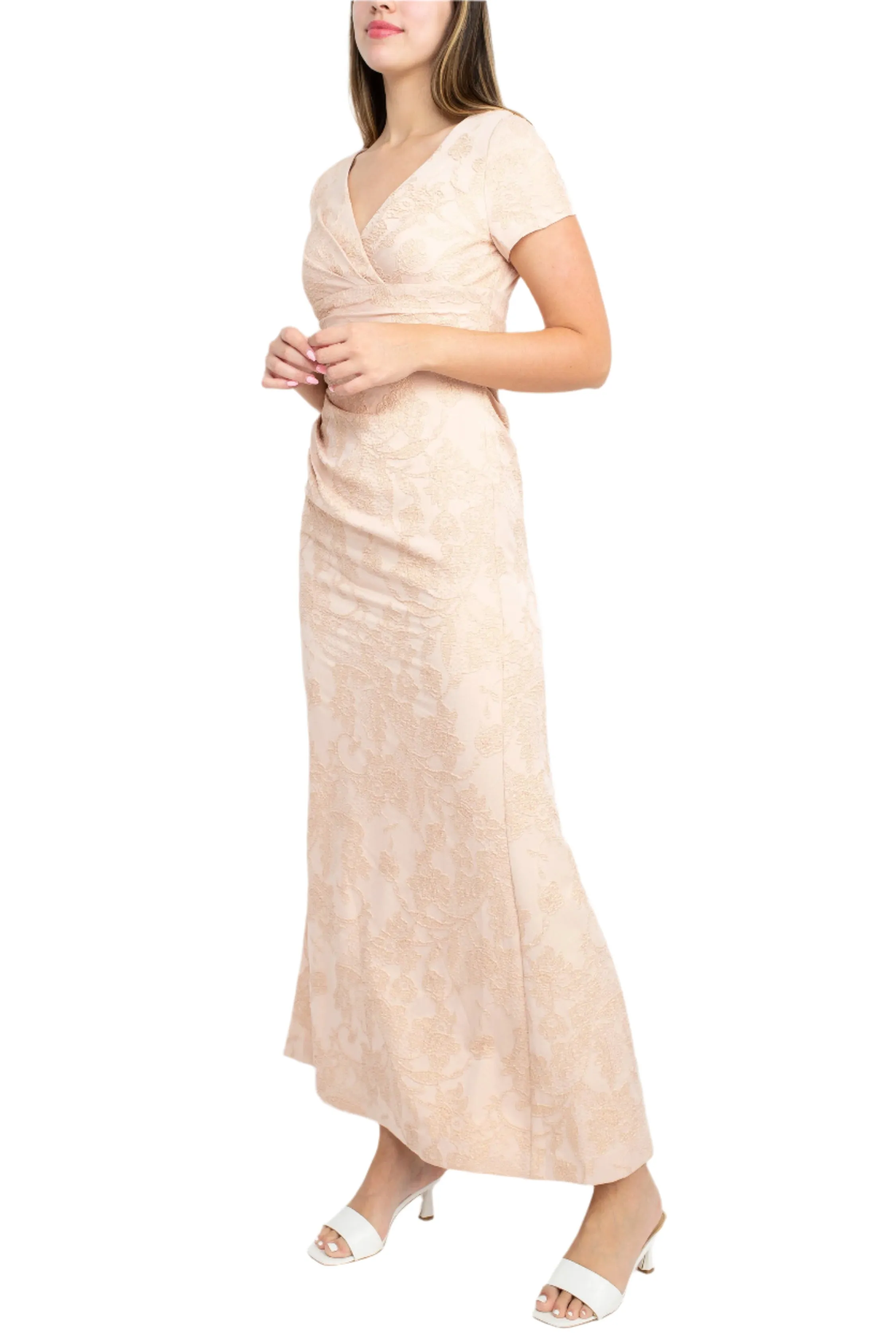 Adrianna Papell V-Neck Short Sleeve Pleated Gathered Side Zipper Back Matelassé Dress