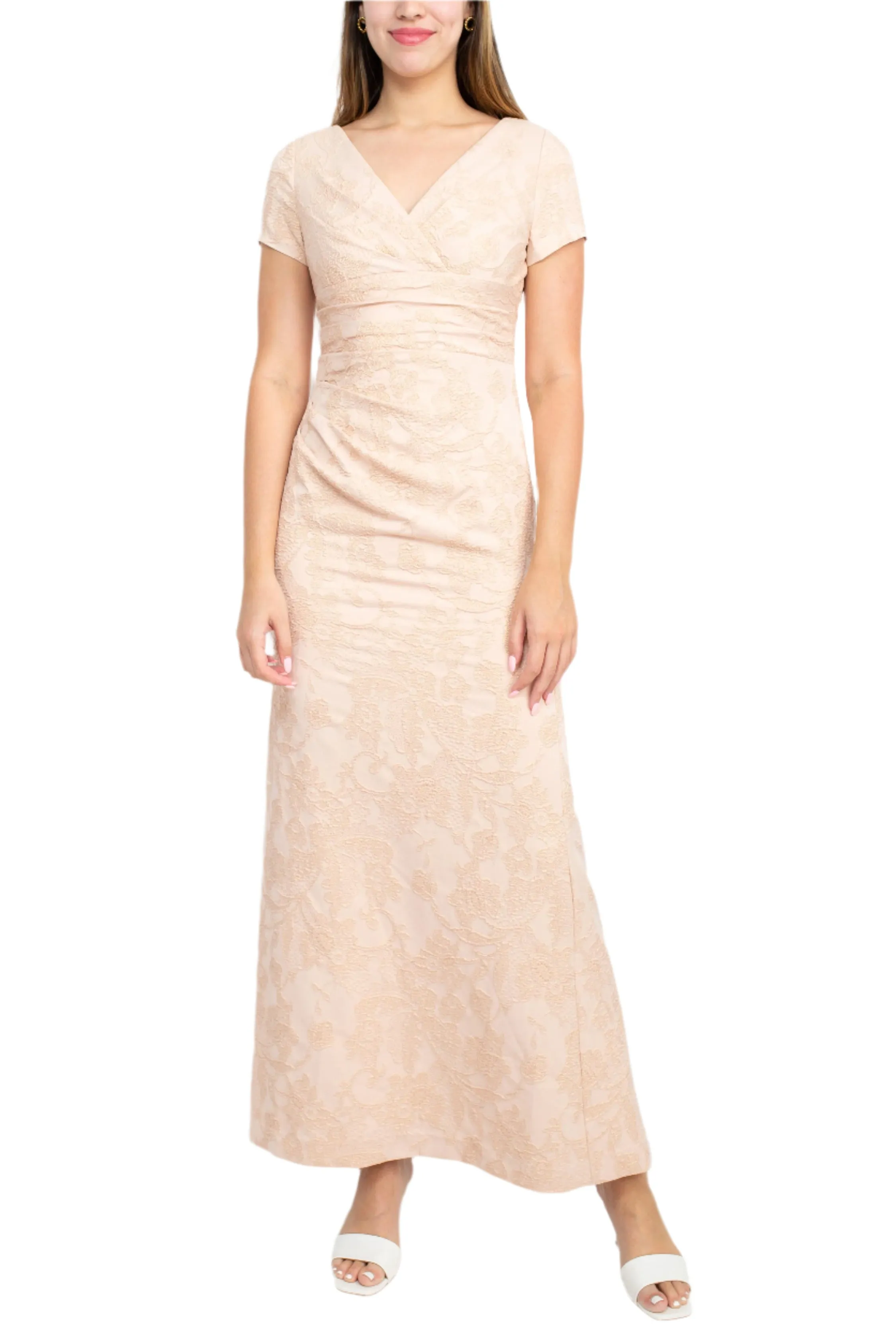 Adrianna Papell V-Neck Short Sleeve Pleated Gathered Side Zipper Back Matelassé Dress