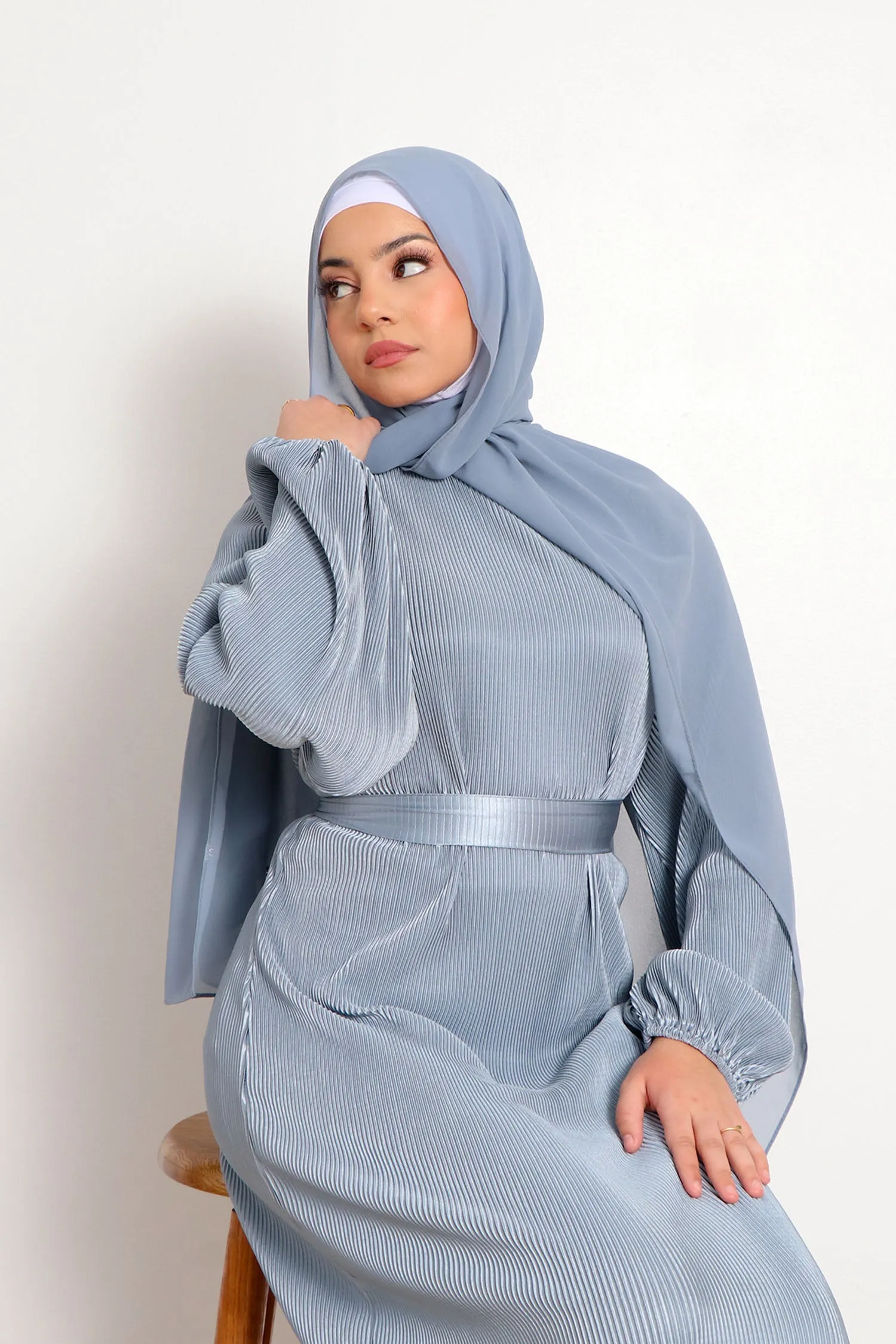 Alice Pleat Dress- Dusty Blue