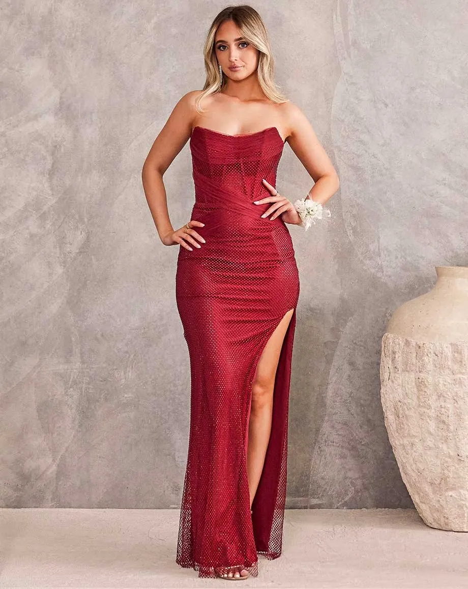 Amanda Corset Beaded Mesh Gown - Red