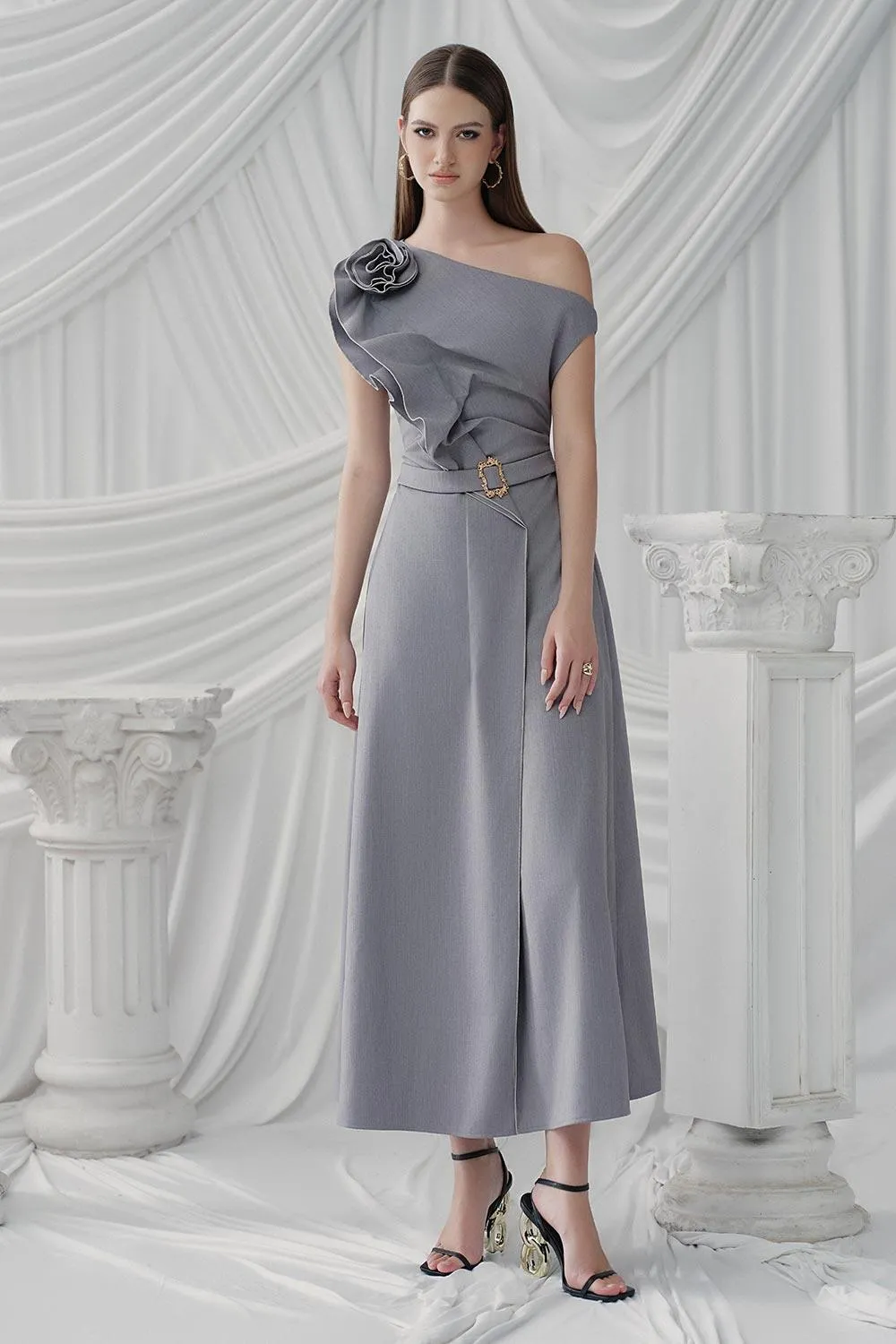 Anastasia A-line Diagonal Neck Chino Ankle Length Dress