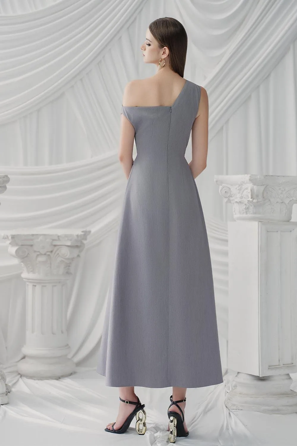 Anastasia A-line Diagonal Neck Chino Ankle Length Dress
