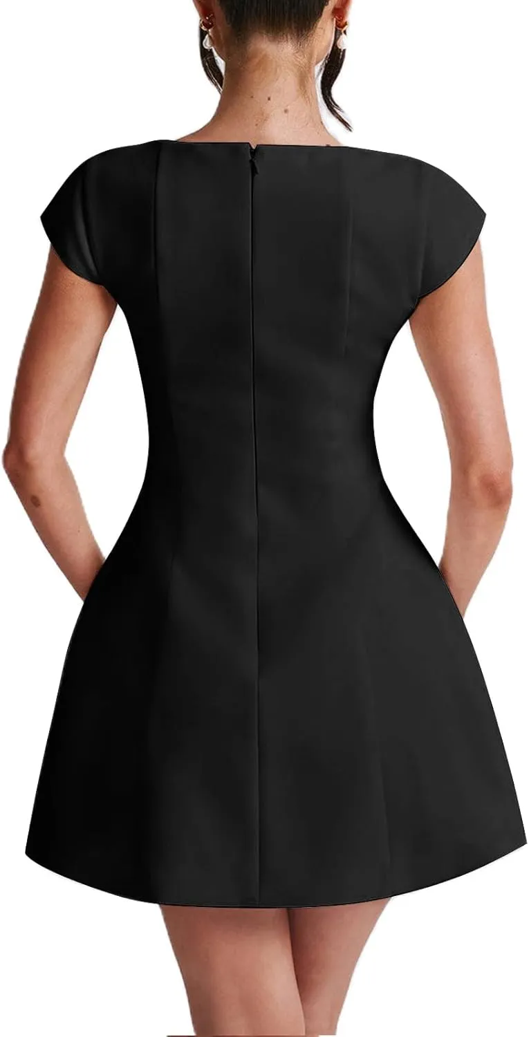 Aopwsrlyi Women's Square Neck Cap Sleeve Mini Dress Sleeveless Back Zipper A Line Party Club Dresses
