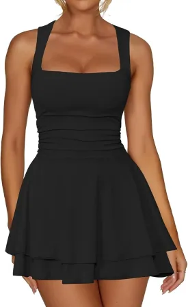 Aopwsrlyi Women's Square Neck Cap Sleeve Mini Dress Sleeveless Back Zipper A Line Party Club Dresses