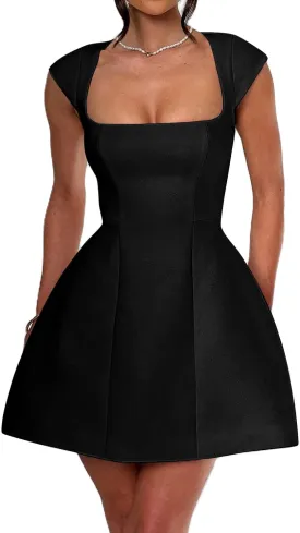 Aopwsrlyi Women's Square Neck Cap Sleeve Mini Dress Sleeveless Back Zipper A Line Party Club Dresses
