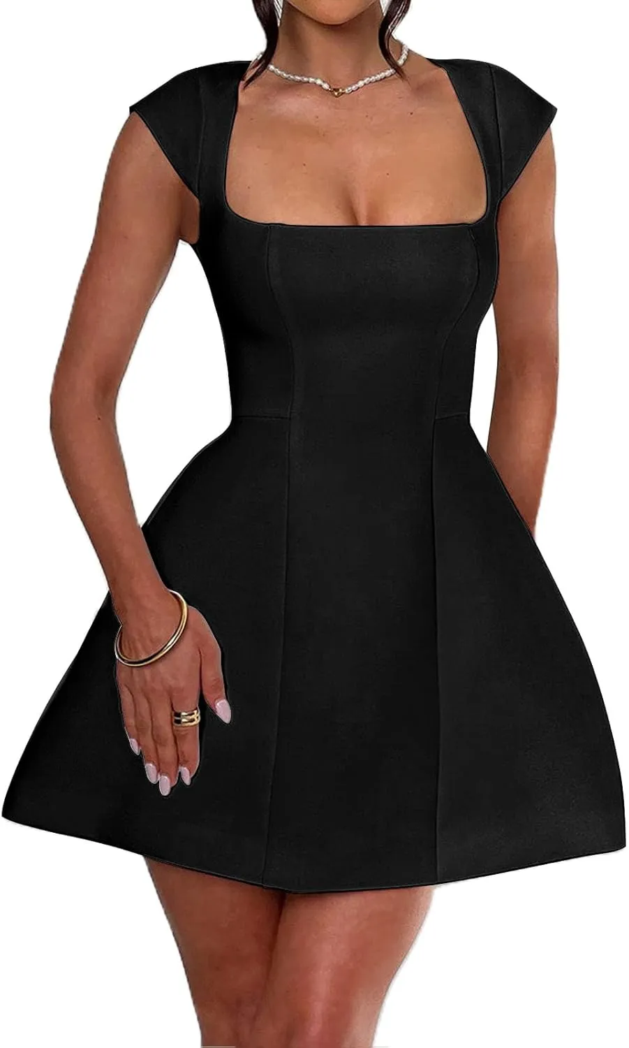 Aopwsrlyi Women's Square Neck Cap Sleeve Mini Dress Sleeveless Back Zipper A Line Party Club Dresses