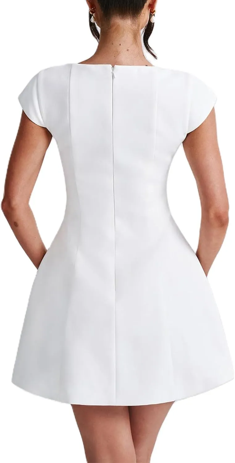 Aopwsrlyi Women's Square Neck Cap Sleeve Mini Dress Sleeveless Back Zipper A Line Party Club Dresses