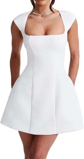Aopwsrlyi Women's Square Neck Cap Sleeve Mini Dress Sleeveless Back Zipper A Line Party Club Dresses