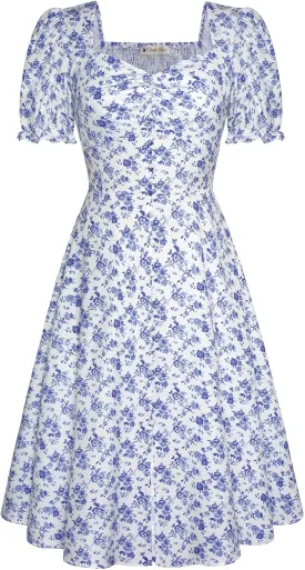 Belle Poque Women 2024 Summer Puff Short Sleeve Cottagecore Dress Vintage 1950s Party Swing Dresses