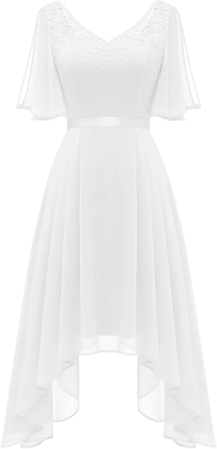 BeryLove Women's Prom Cocktail Formal Wedding Guest Lace Dress 2025 Flutter Sleeve Hem Bridesmaid Dresses