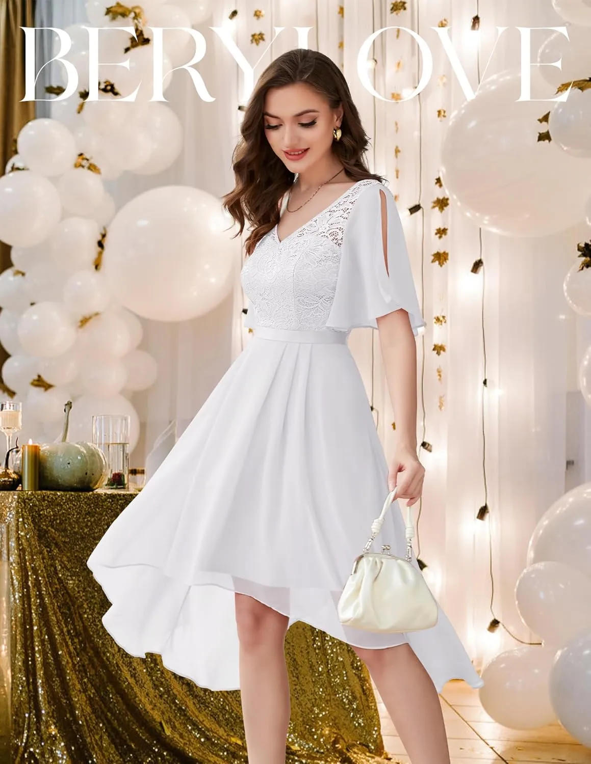 BeryLove Women's Prom Cocktail Formal Wedding Guest Lace Dress 2025 Flutter Sleeve Hem Bridesmaid Dresses