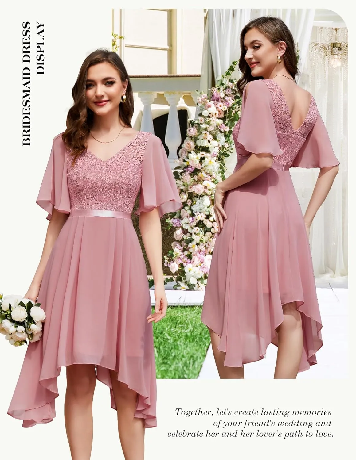 BeryLove Women's Prom Cocktail Formal Wedding Guest Lace Dress 2025 Flutter Sleeve Hem Bridesmaid Dresses