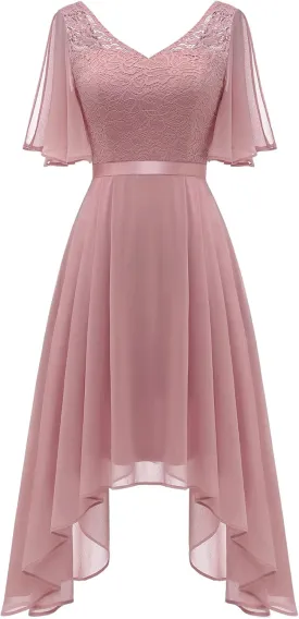 BeryLove Women's Prom Cocktail Formal Wedding Guest Lace Dress 2025 Flutter Sleeve Hem Bridesmaid Dresses