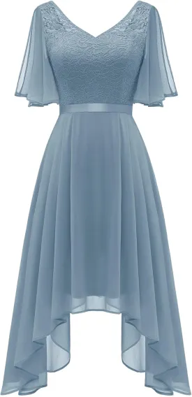 BeryLove Women's Prom Cocktail Formal Wedding Guest Lace Dress 2025 Flutter Sleeve Hem Bridesmaid Dresses