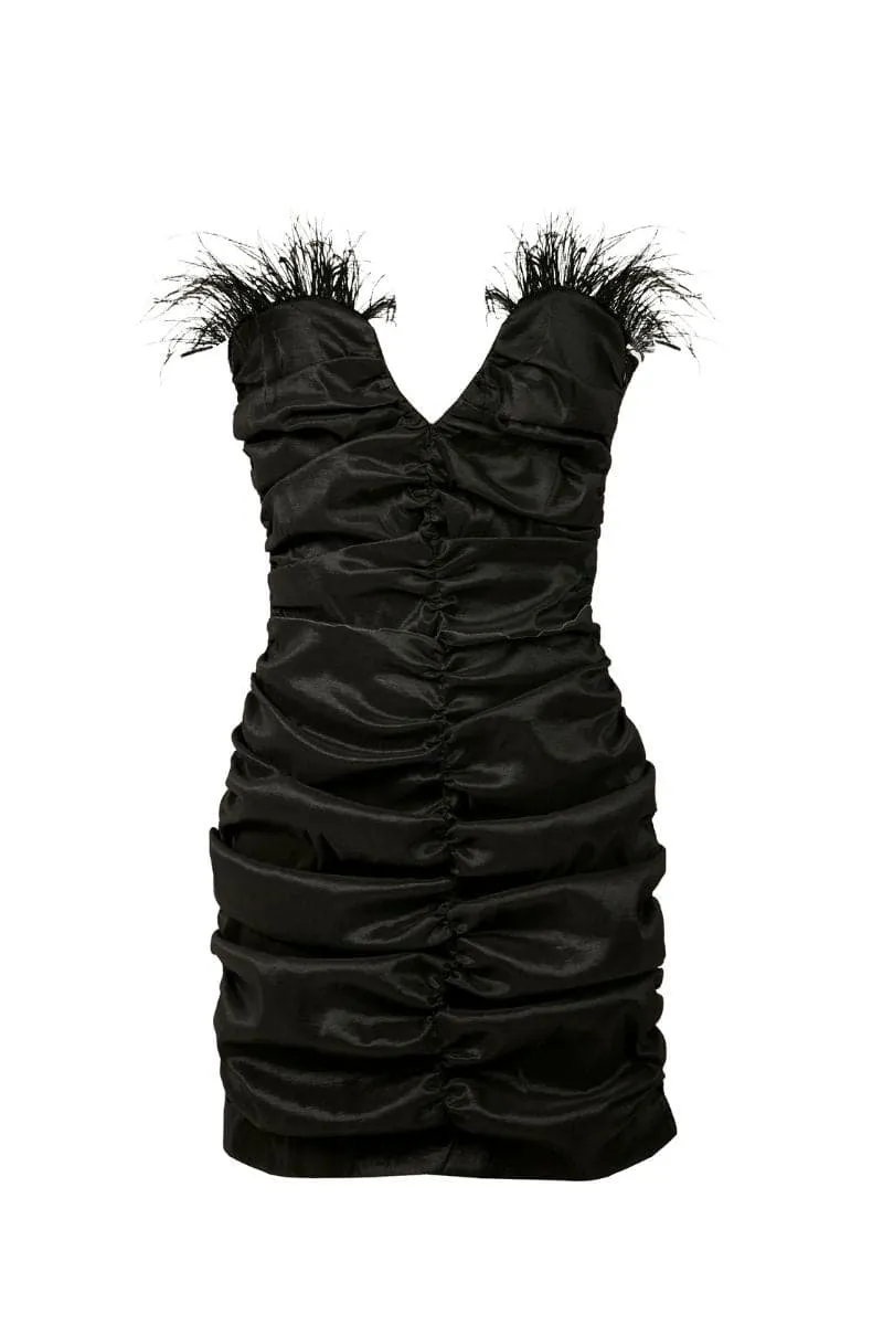 BLACK FEATHERED CORSET MINI DRESS