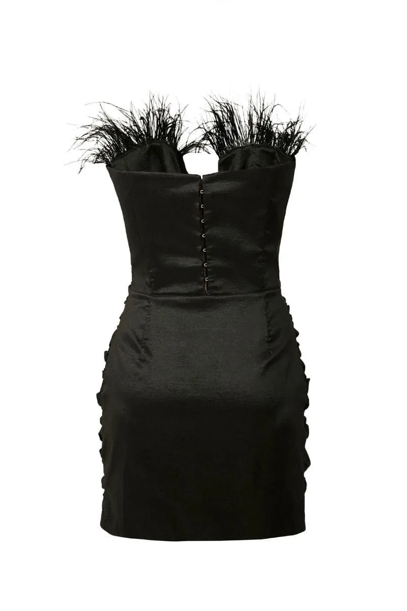 BLACK FEATHERED CORSET MINI DRESS
