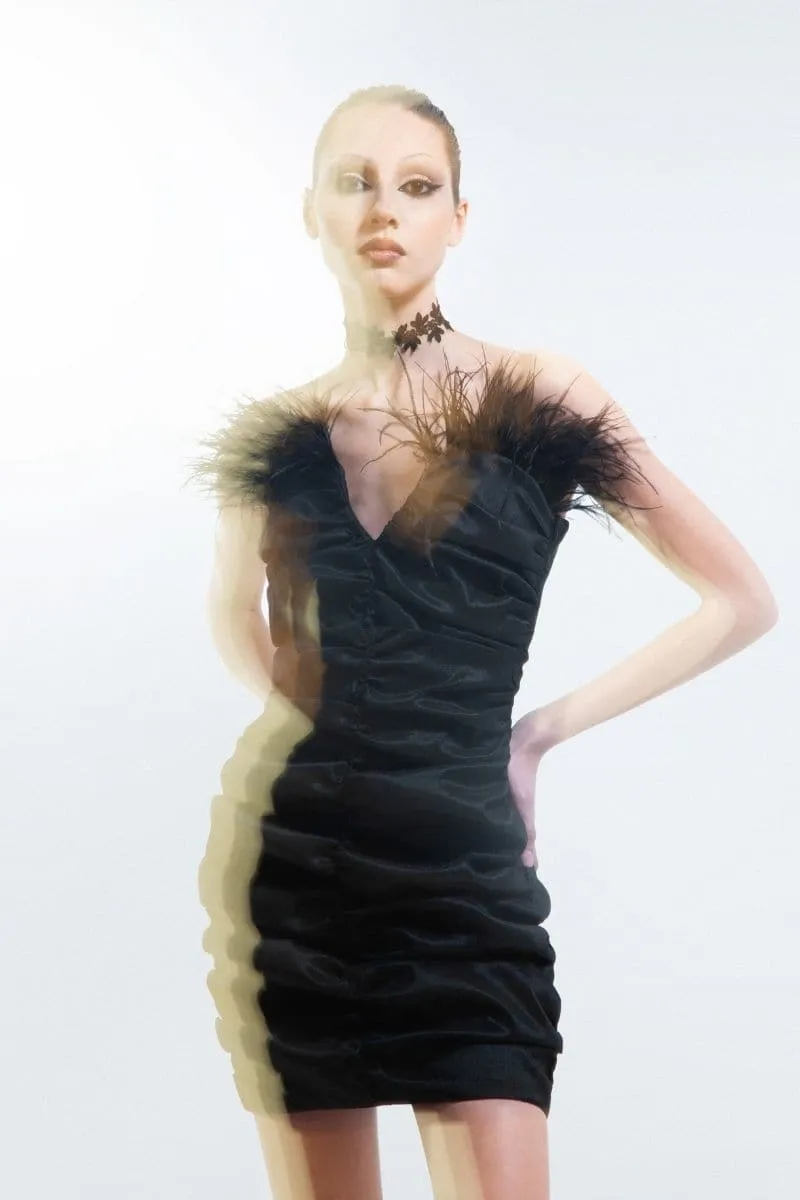 BLACK FEATHERED CORSET MINI DRESS