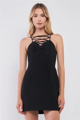 Black Slim Fit Sleeveless V-neck Front Corset Inspired Tie-up Detail Cocktail Mini Dress