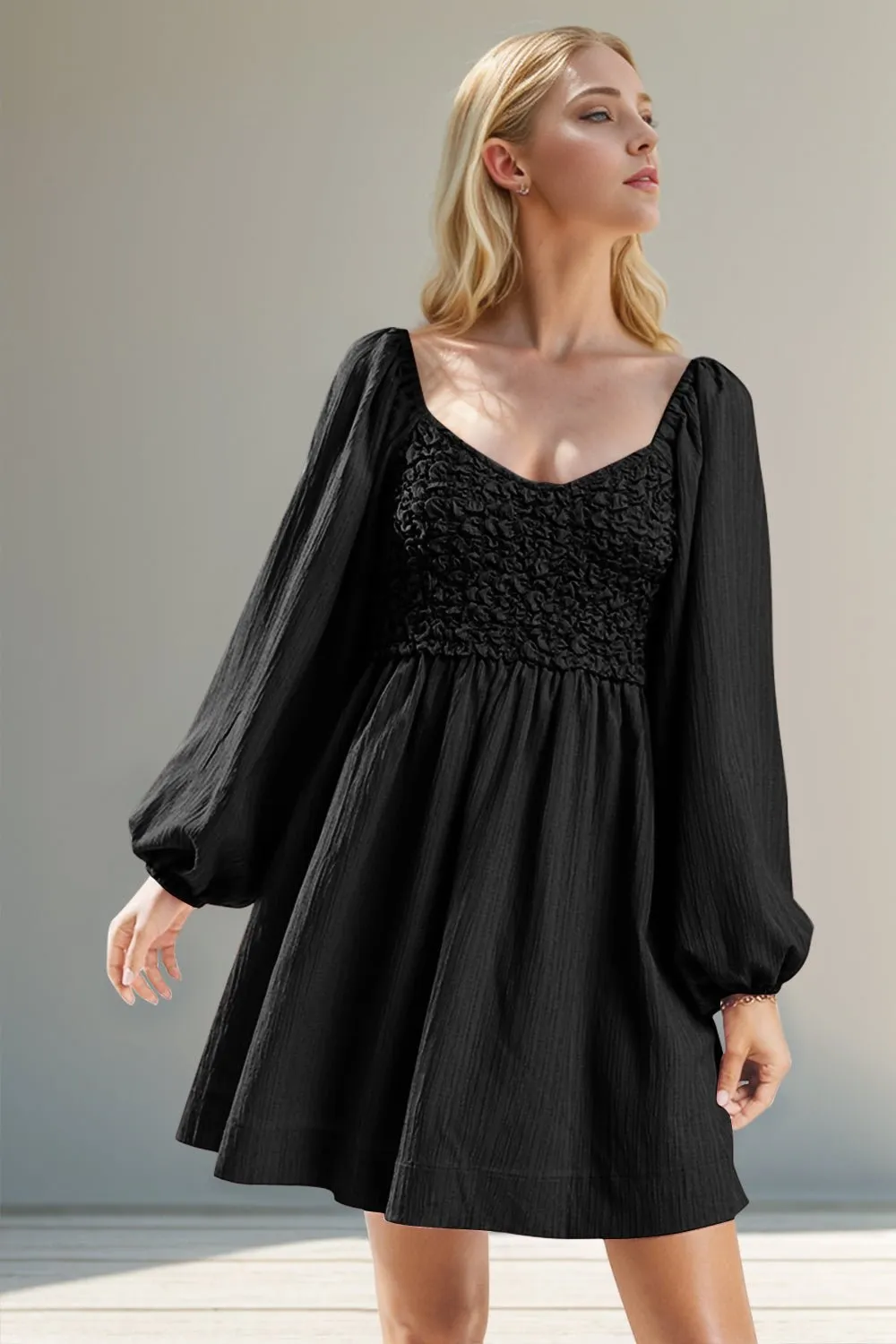 Black Smocked Balloon Sleeve Mini Dress