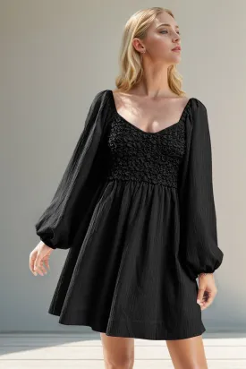 Black Smocked Balloon Sleeve Mini Dress