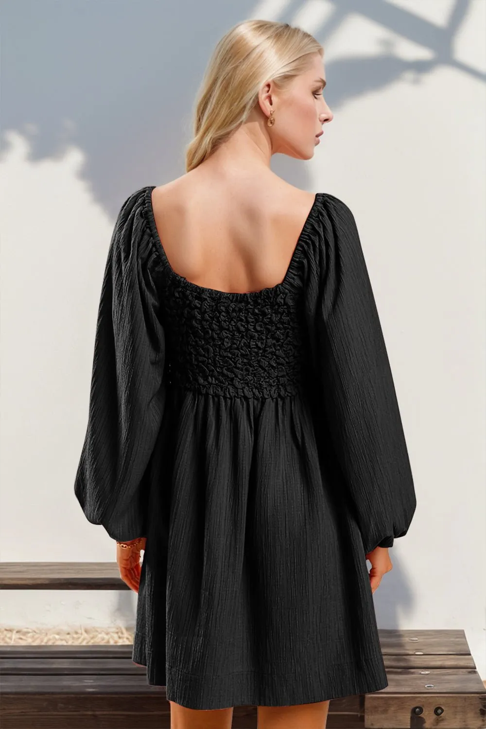 Black Smocked Balloon Sleeve Mini Dress