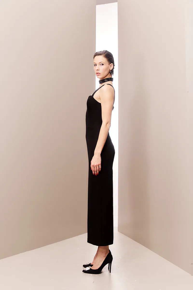 BLACK STRAPPED MIDI CORSET DRESS