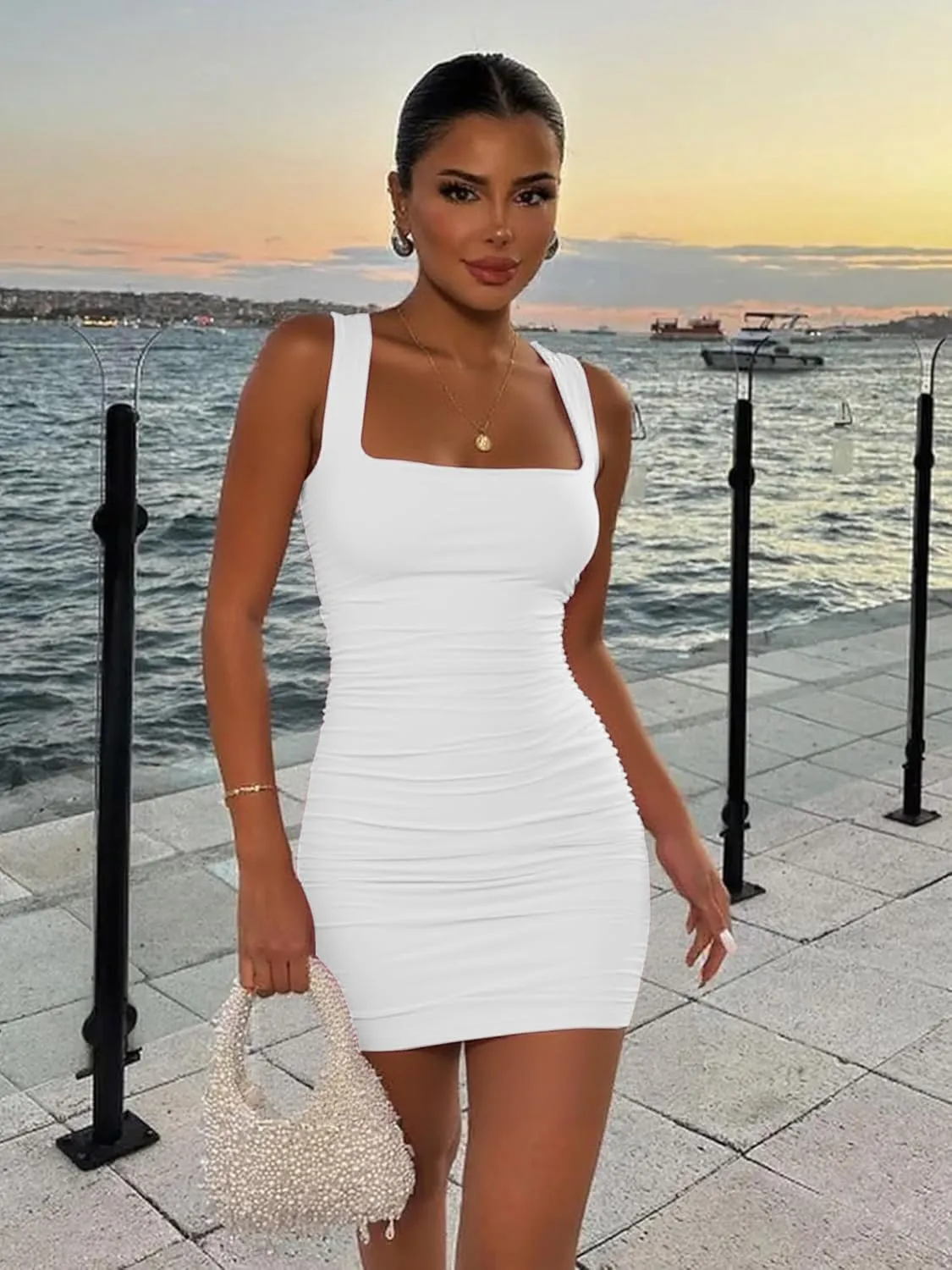 BORIFLORS Women's Sexy Bodycon Corset Mini Dresses Square Neck Ruched Sleeveless Club Party Short Dress