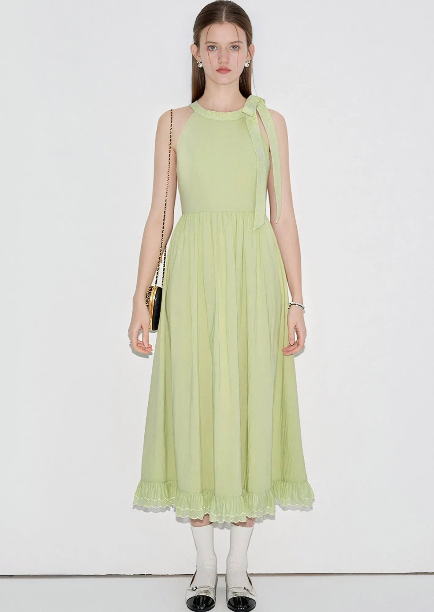 BOW LACE HALTER NECK LONG ONEPIECE
