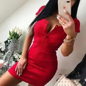 Button Round Neck Short-sleeved Dress Female Tight-fitting Hip