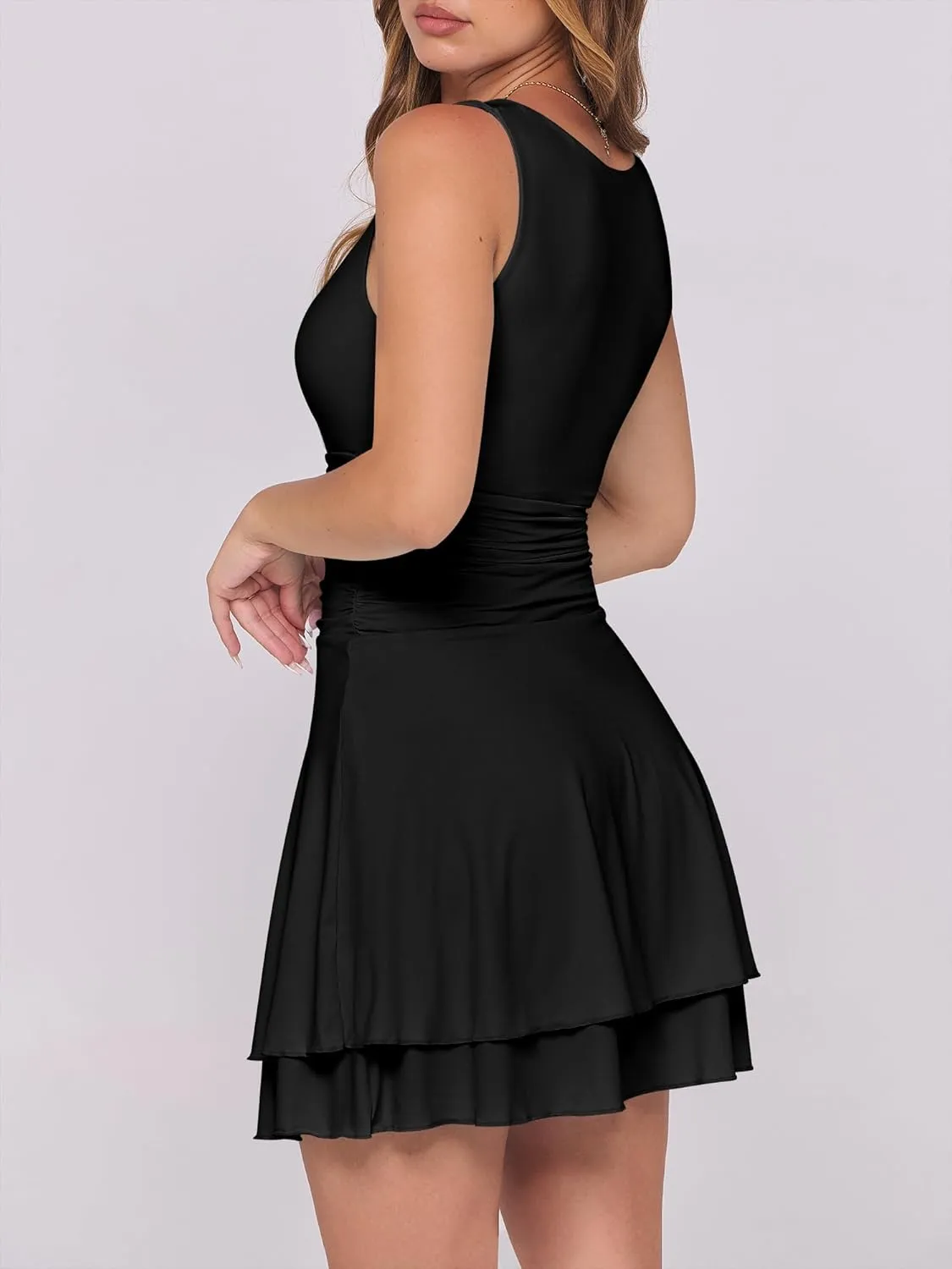 Caracilia Womens Square Neck Party Dress Ruffle Hem Ruched Waist Short Cocktail Mini Dresses