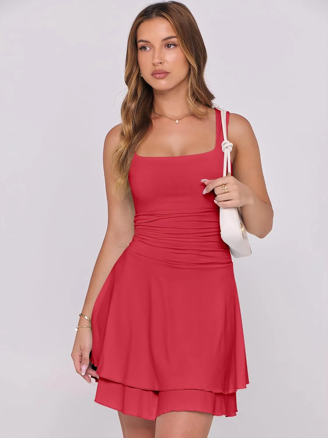 Caracilia Womens Square Neck Party Dress Ruffle Hem Ruched Waist Short Cocktail Mini Dresses